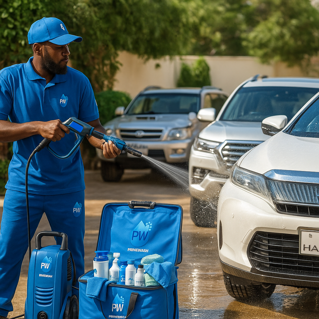 Professional PrimeWash cleaner washing a car at a residential compound